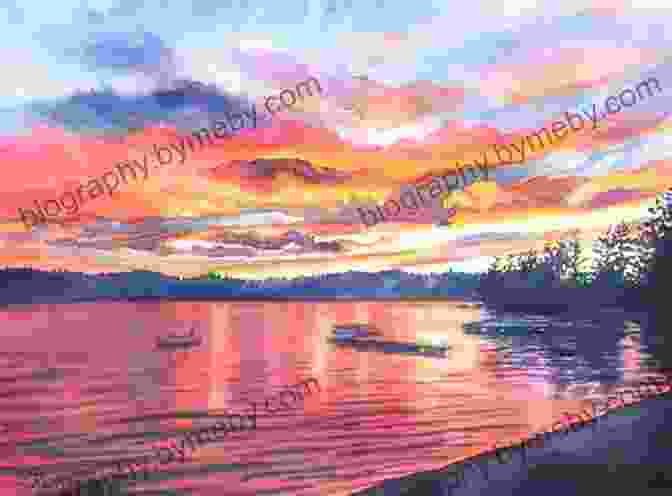 A Beautiful Painting Of A Sunset Over A Lake. Wilderness Watercolor Landscapes: 30 Eye Catching Scenes Anyone Can Master