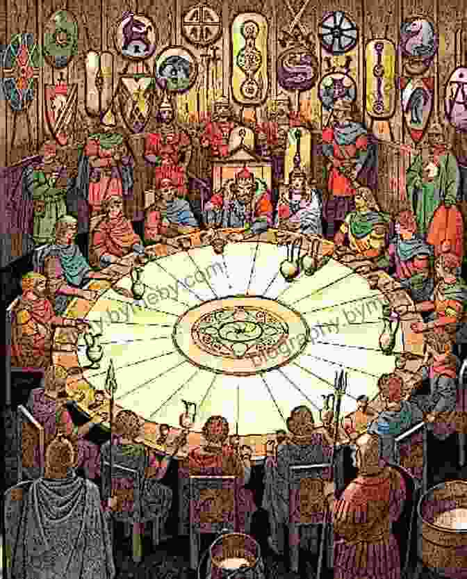 King Arthur Sits On His Throne, Surrounded By His Knights At The Round Table. King Arthur: Arthurian Legends Antipodean Writer